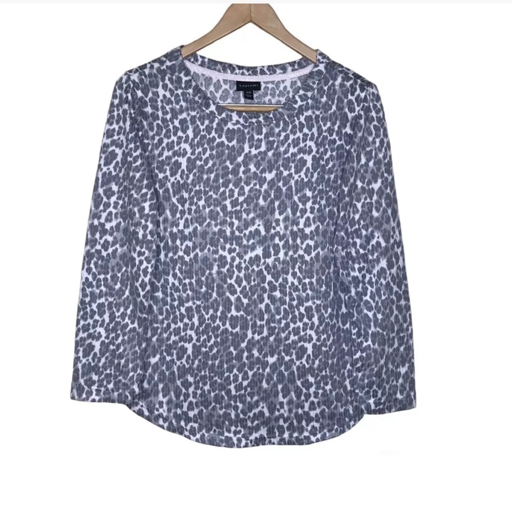 Tahari Womens Pullover Sweater Size XL Gray Animal Print Lightweight Stretch